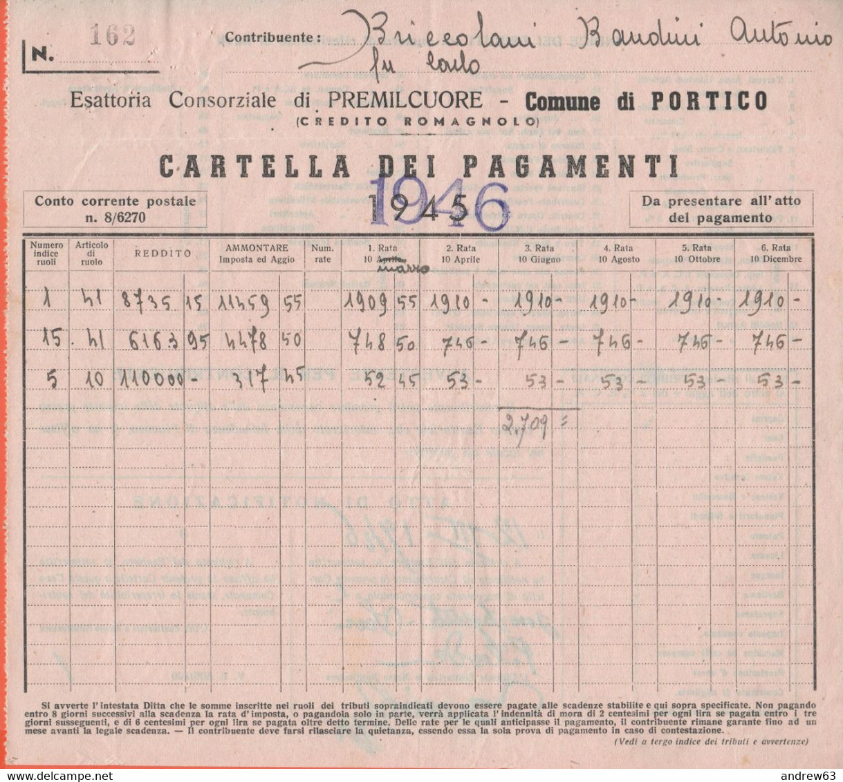 Regno D'ITALIA - 1946 - Esattoria Consorziale Di Premilcuore - Comune Di Portico - Cartella Esattoriale Dei Pagamenti - Italie