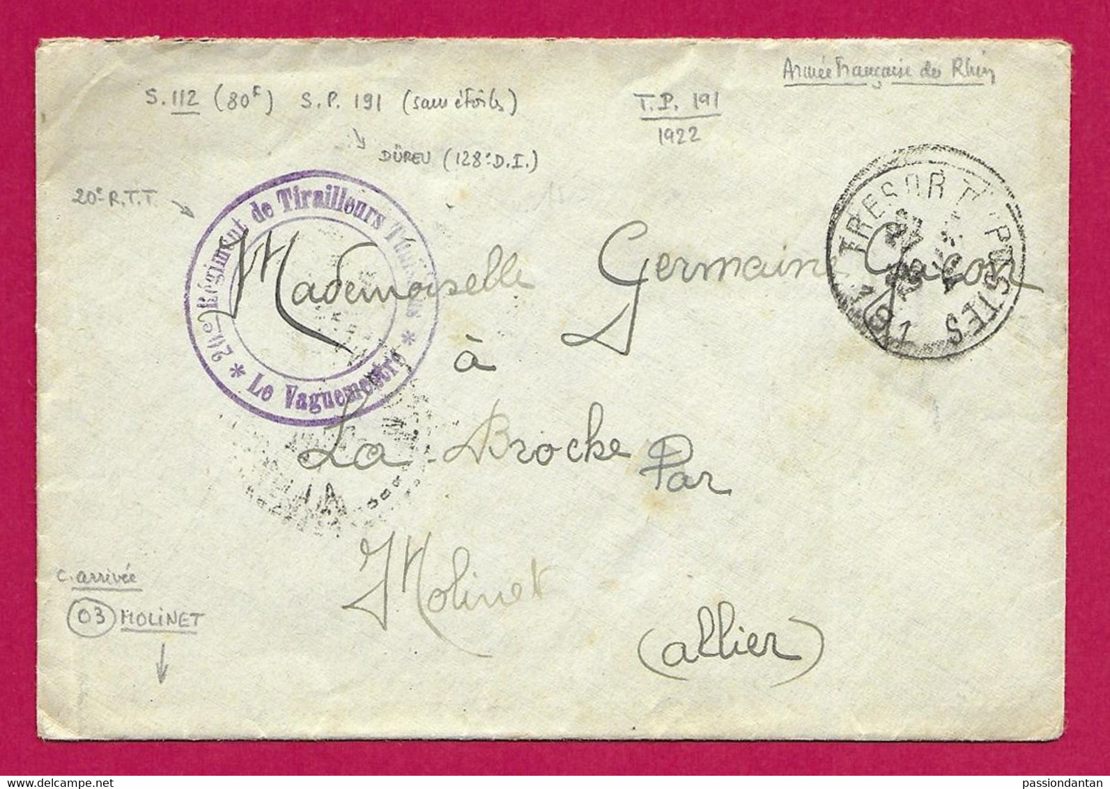 Enveloppe Datée De 1922 - Armée Française Du Rhin - Oblitération "Trésor Et Postes - Secteur Postal 191" - Other & Unclassified