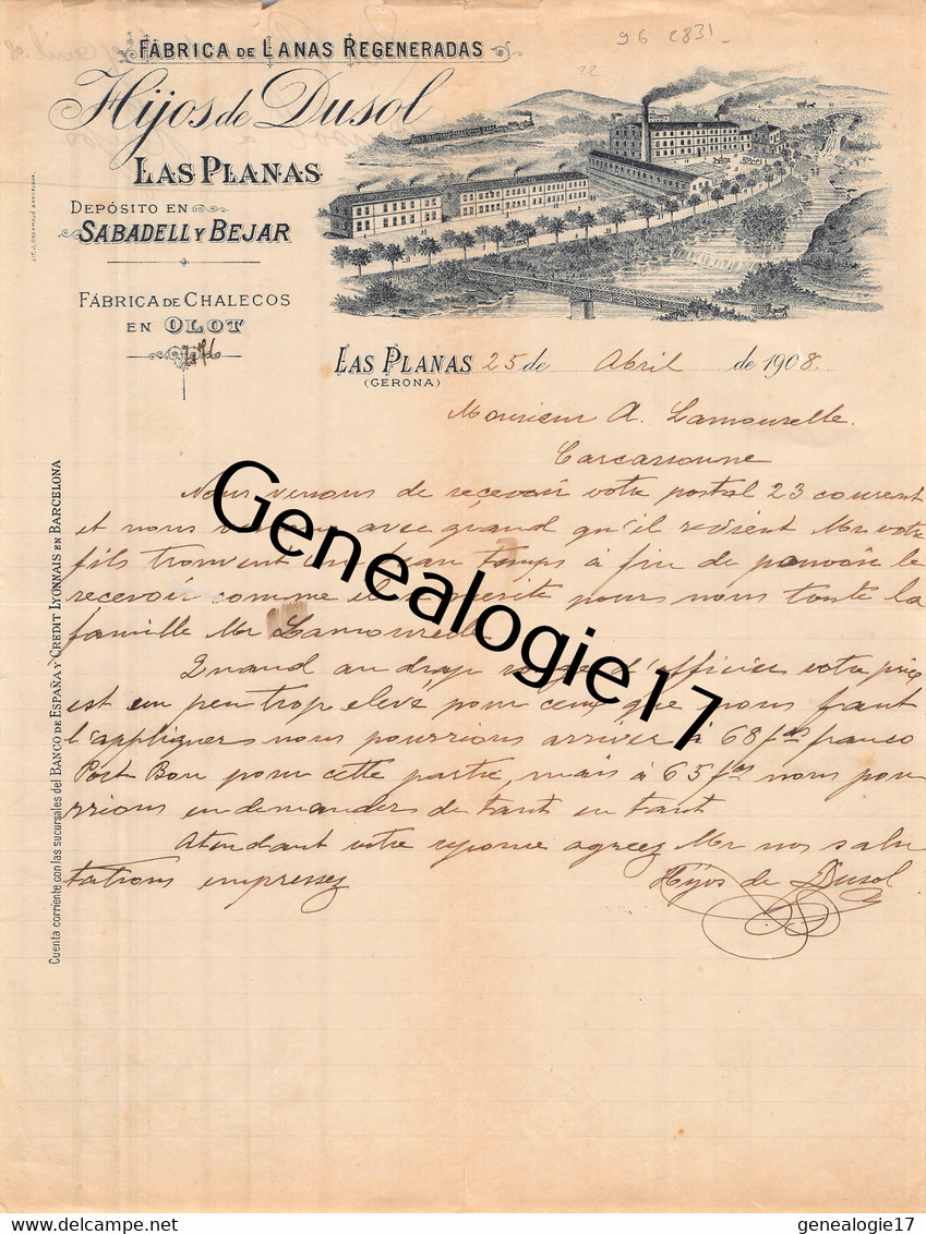 96 2884 ESPAGNE SPAIN LAS PLANAS GERONA 1907 Fabrica Lanas Regeneradas HIJOS DE DUSOL Deposito SABATELL Y BEJAR - Spanje