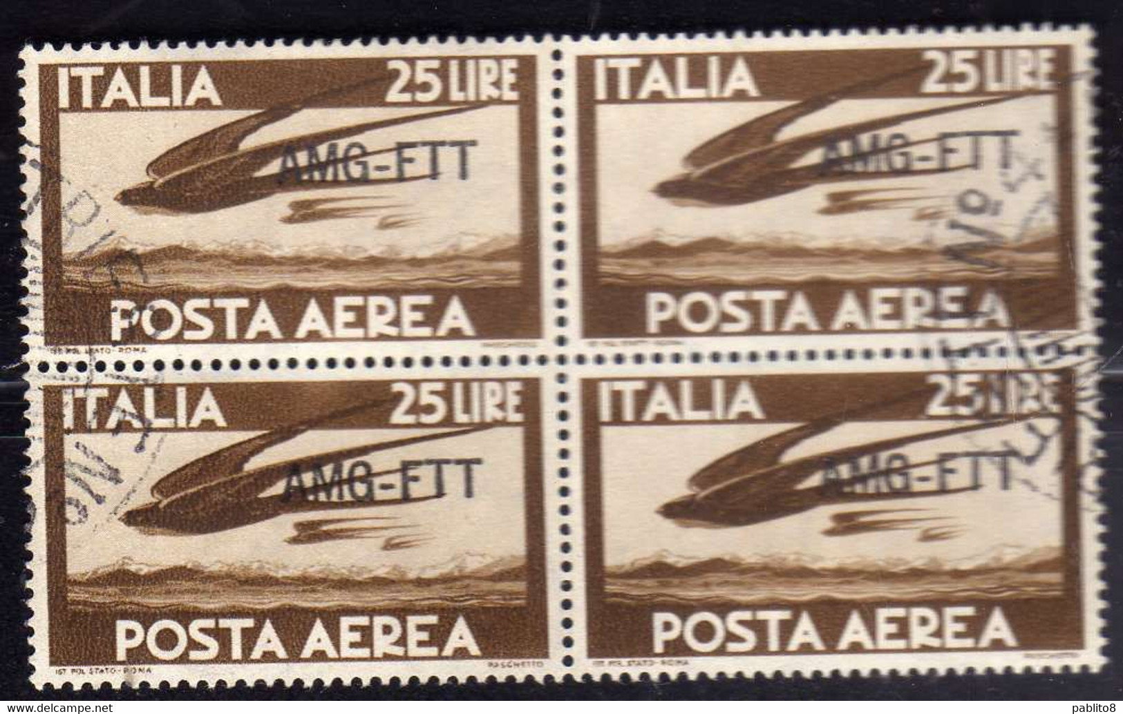 TRIESTE A 1949 - 1952 AMG - FTT ITALIA ITALY OVERPRINTED POSTA AEREA CAMPIDOGLIO E DEMOCRATICA LIRE 25 BLOCK USATO USED - Poste Aérienne