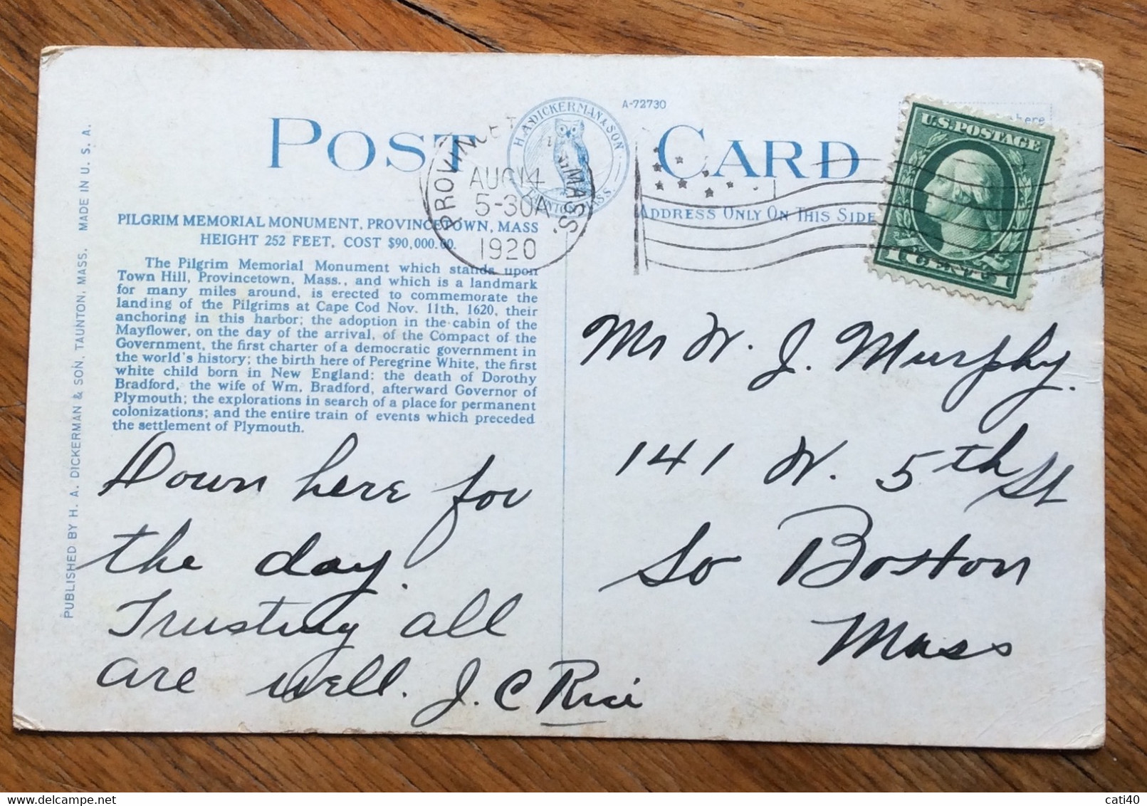 USA - PROVINCETOWN  PILGRIM MEMORIAL MONUMENT - VINTAGE POST CARD 1920 - Cape Cod