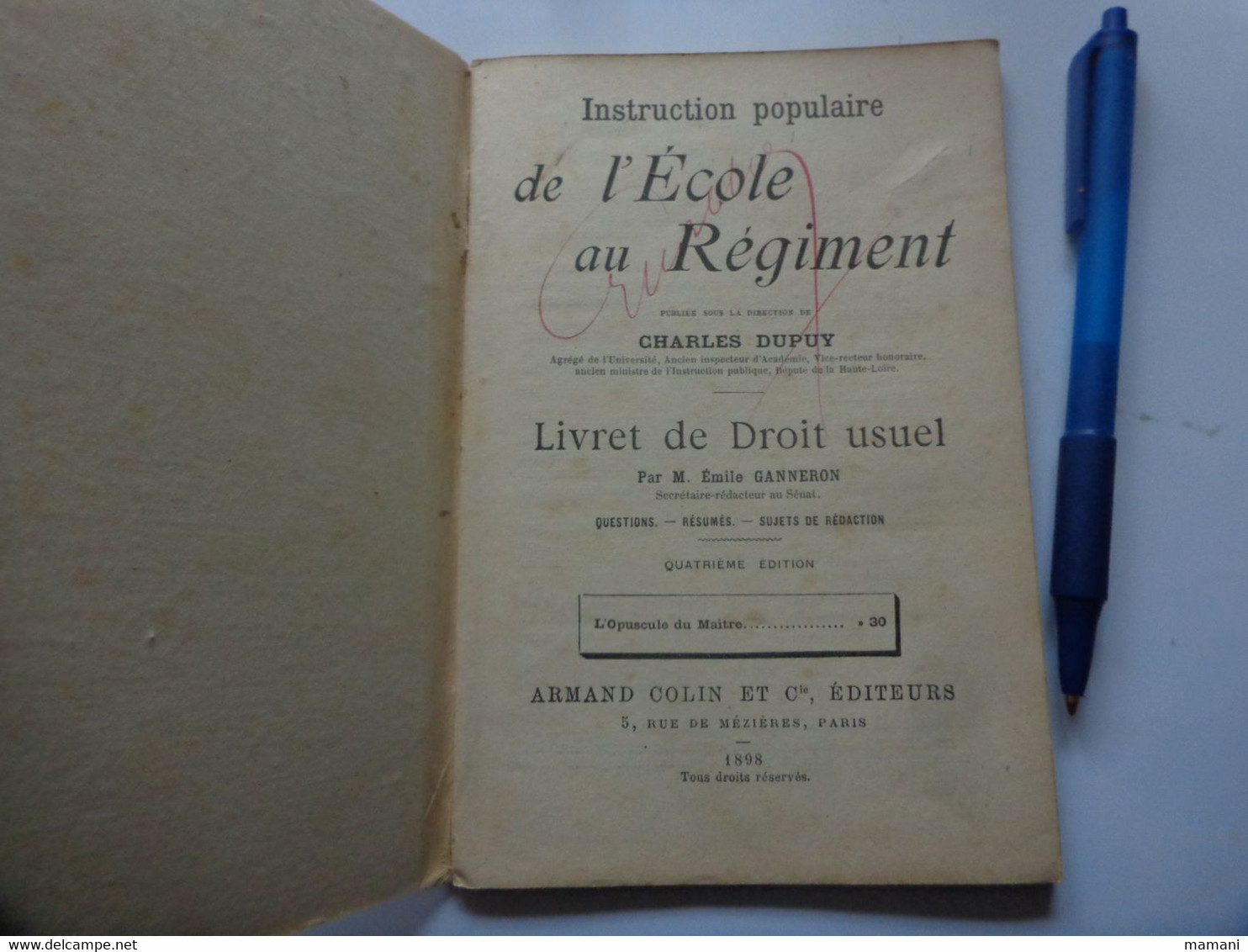 Instruction Populaire De L'ecole Au Regiment Livret De Droit Usuel-armand Colin 1898 - Droit