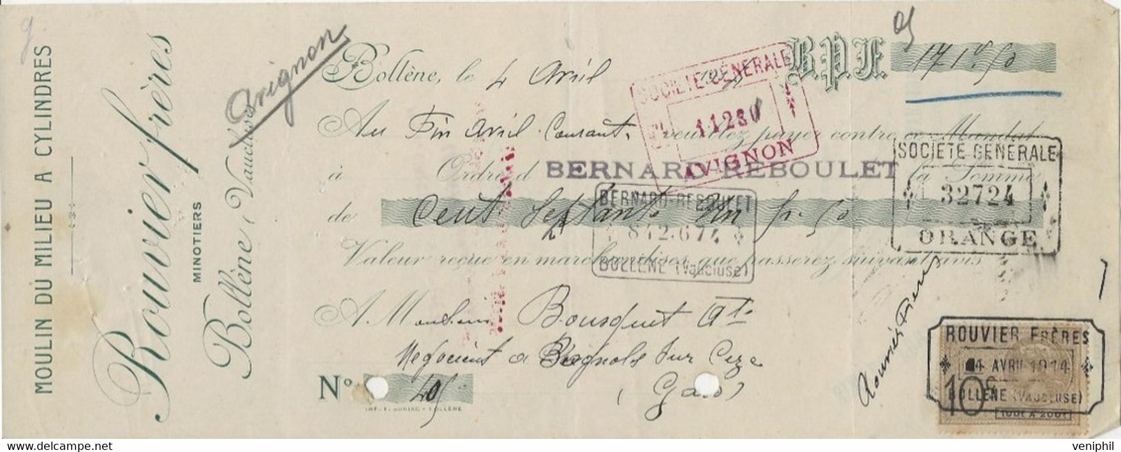 LETTRE DE CHANGE - MOULIN DU MILIEU A CYLINDRES - ROUVIER FRERES -BOLLENE -VAUCLUSE -1914 - Bills Of Exchange