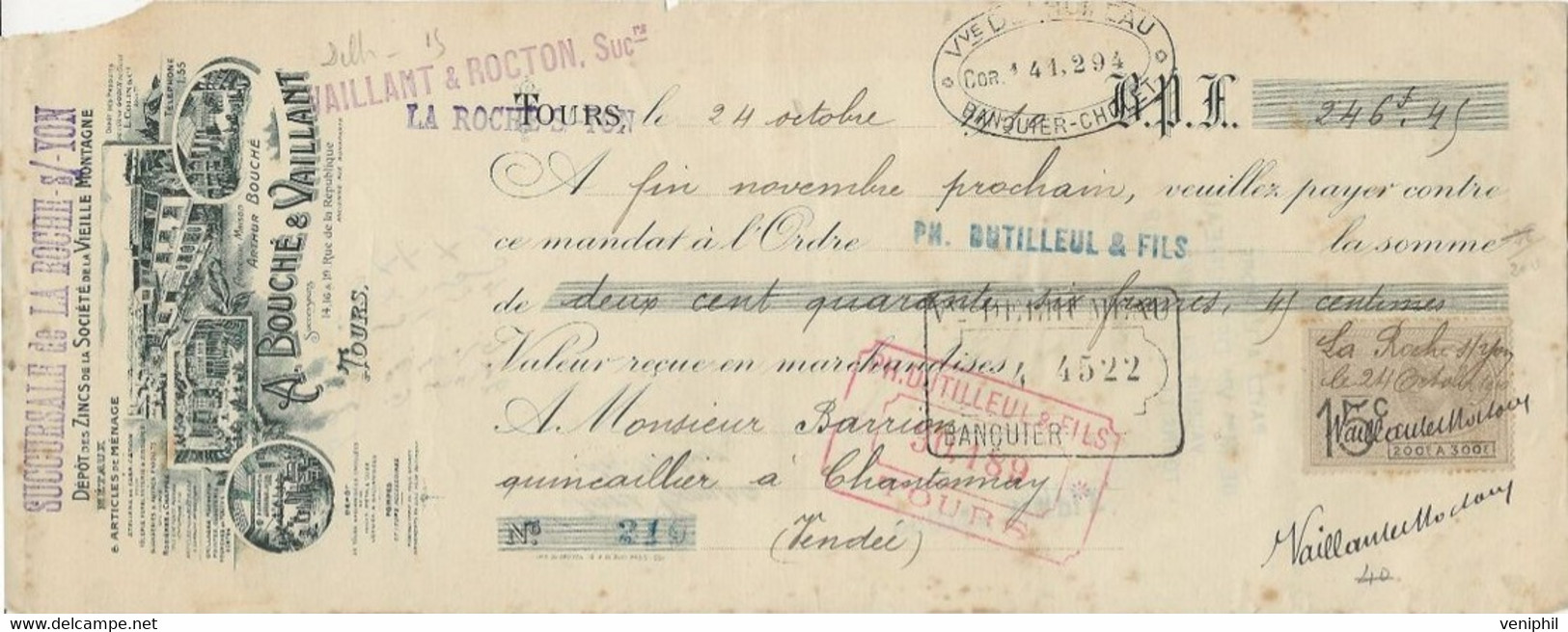 LETTRE DE CHANGE - A BOUCHE ET VAILLANT -TOURS - DEPOT DES ZINCS DE LA SOCIETE VIEILLE MONTAGNE -1910 - Wissels