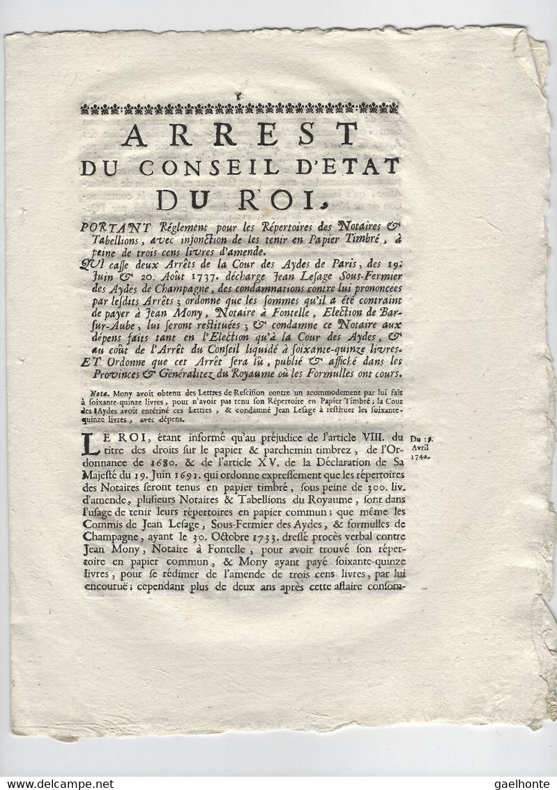 VP004 IMPRIME "ARREST DU CONSEIL D'ETAT DU ROI" - VU SAINT CONTEST LE 12 JUIN 1740 - Décrets & Lois