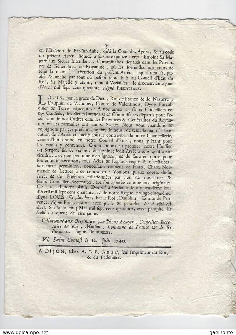 VP004 IMPRIME "ARREST DU CONSEIL D'ETAT DU ROI" - VU SAINT CONTEST LE 12 JUIN 1740 - Décrets & Lois