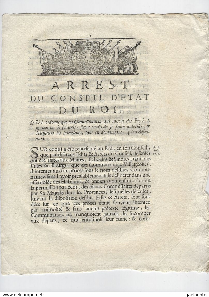 VP005 IMPRIME "ARREST DU CONSEIL D'ETAT DU ROI" - VU SAINT CONTEST LE 18 JUILLET 1740 - Décrets & Lois