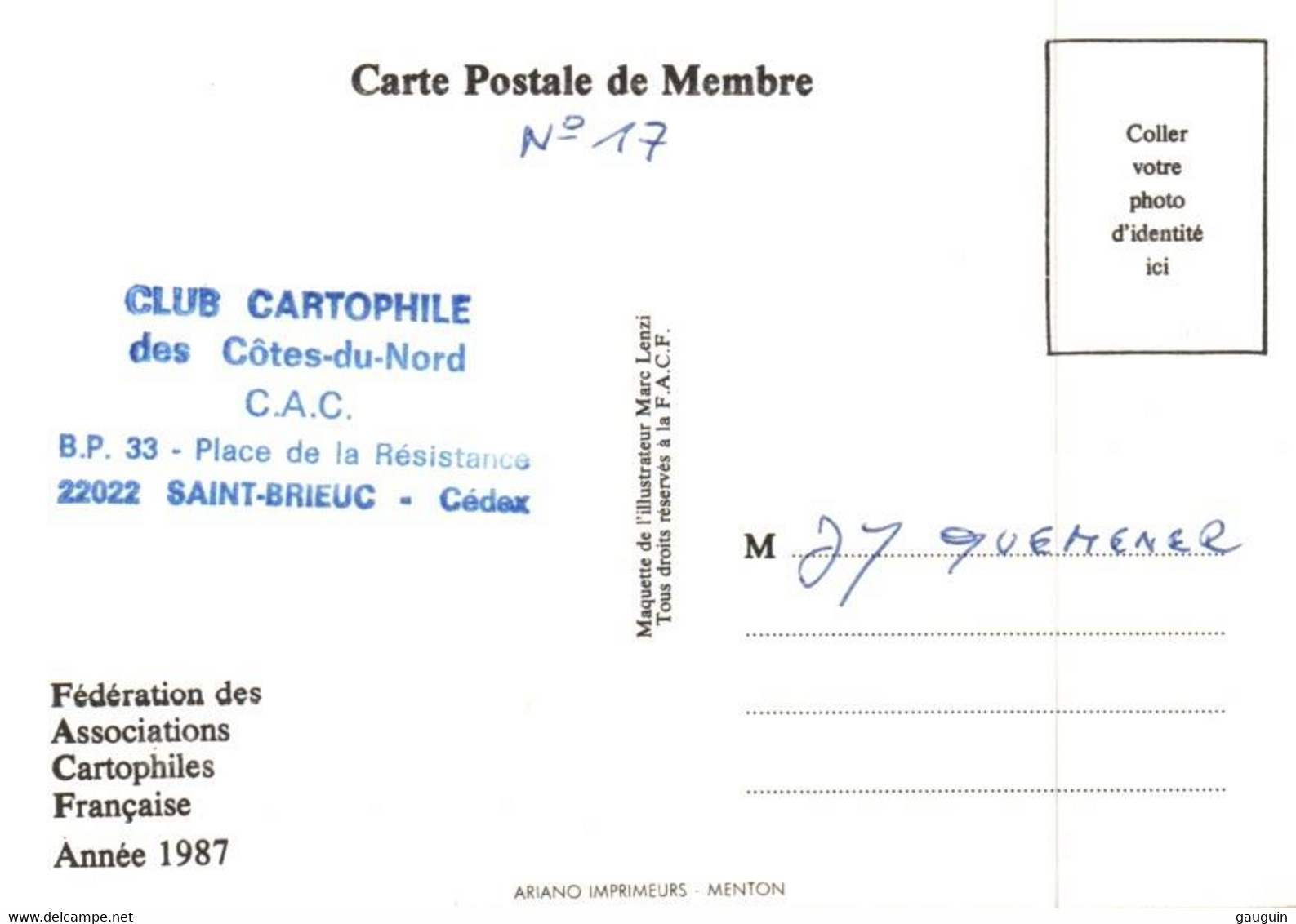 CPM - Illustration LENZI - Carte De Membre F.A.C.F. (1987) - Edition Cartophile - Lenzi