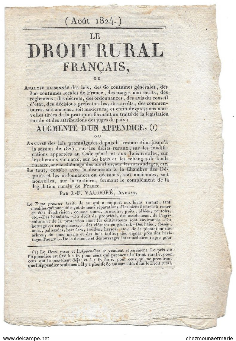 AOUT 1824 LE DROIT RURAL FRANCAIS OU ANALYSE RAISONNEE DES LOIS - IMP MARRE - Documents Historiques