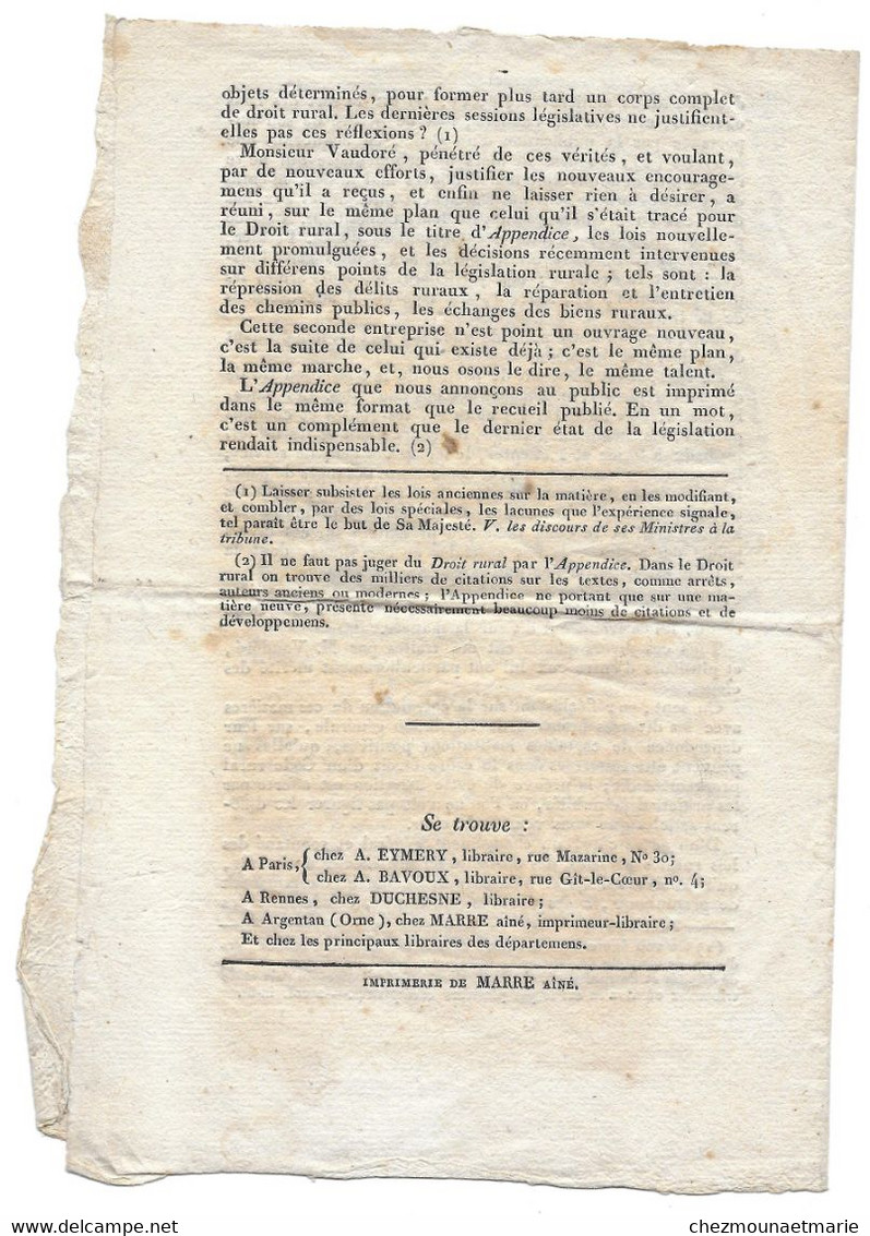 AOUT 1824 LE DROIT RURAL FRANCAIS OU ANALYSE RAISONNEE DES LOIS - IMP MARRE - Documents Historiques