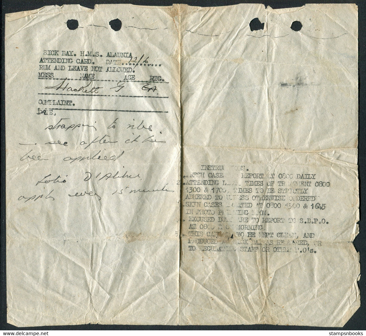 WW2 Sick Bay Record Sheet, Armed Merchant Cruiser, HMS Alaunia, Cunard White Star Ship - Bateaux