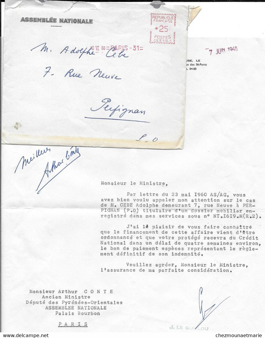 1960 TOULOUSE - ARTHUR CONTE DEPUTE PYRENEES ORIENTALES - ASSEMBLEE NATIONALE - POUR ADOLPHE CEBRE A PERPIGNAN - Andere & Zonder Classificatie