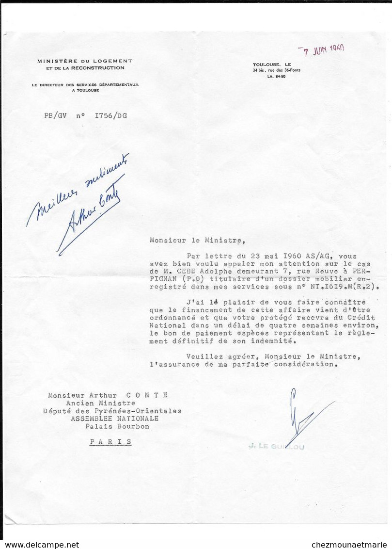 1960 TOULOUSE - ARTHUR CONTE DEPUTE PYRENEES ORIENTALES - ASSEMBLEE NATIONALE - POUR ADOLPHE CEBRE A PERPIGNAN - Other & Unclassified