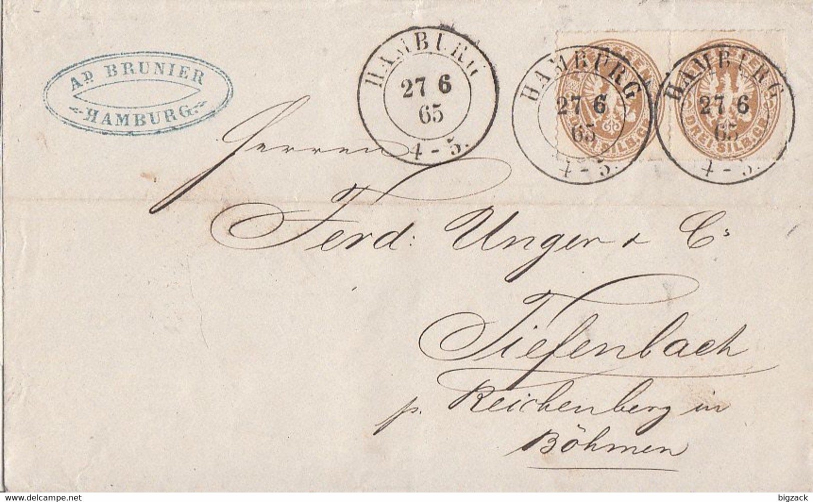 Preussen Brief Mef Minr.2x 18 K2 Hamburg 27.6.65 Gel. Nach Böhmen - Other & Unclassified