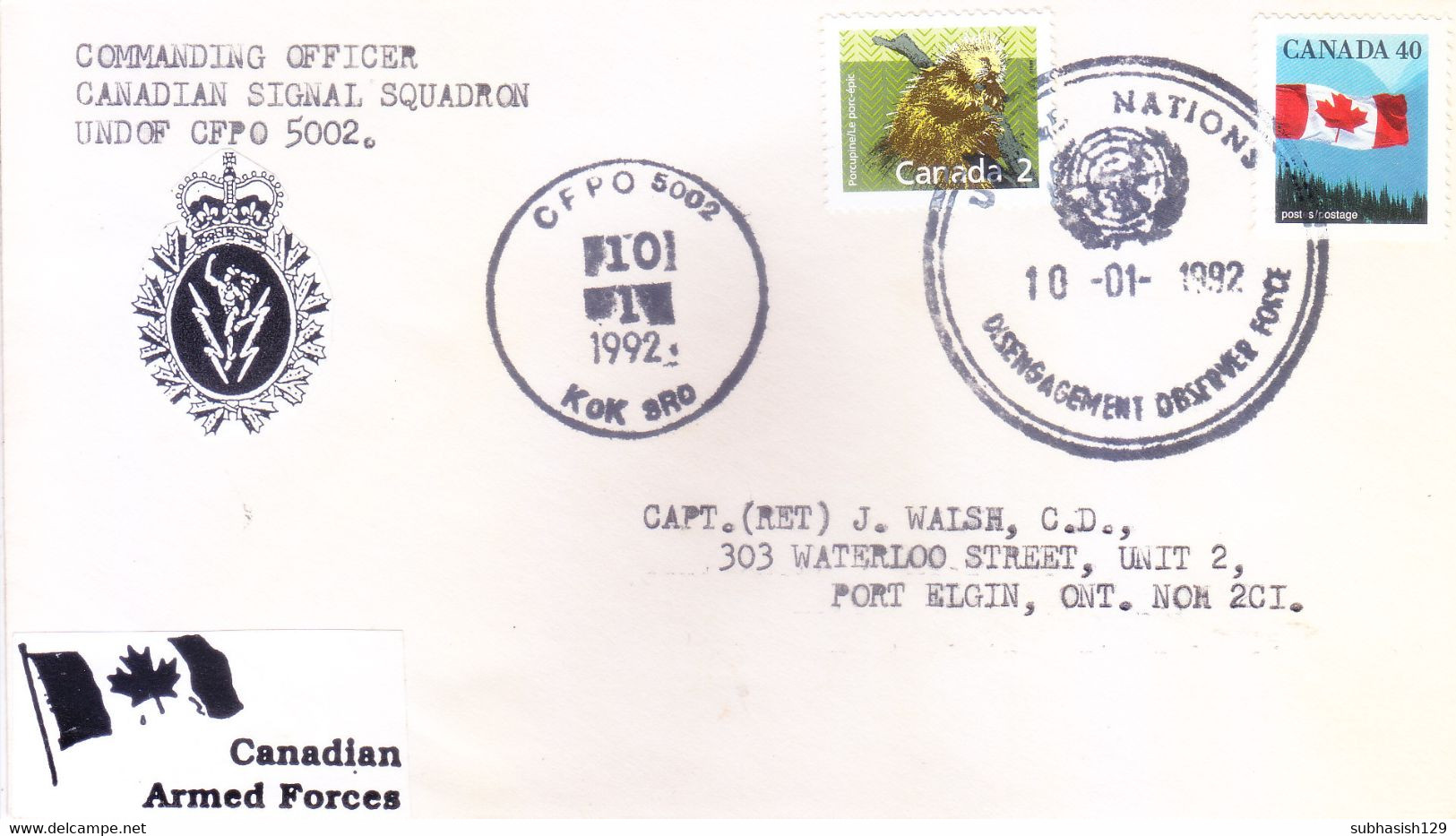 UNITED NATIONS DISENGAGEMENT OBSERVATION FORCE : UNDOF, SYRIA : YEAR 1992 : CFPO 5002 : CANADIAN SIGNAL SQUADRON - Lettres & Documents