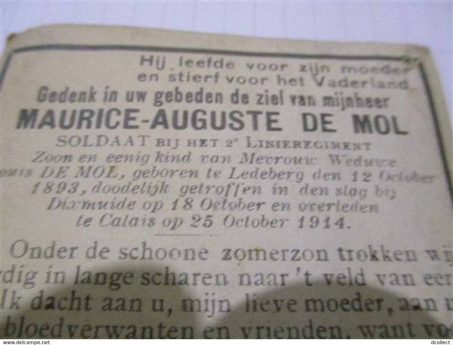 OORLOG : Maurice Auguste De Mol ( Soldaat  2 De Linie ) Ledeberg 12 Okt 1893 En Dixmuide 18 Okt 1914 - Andachtsbilder