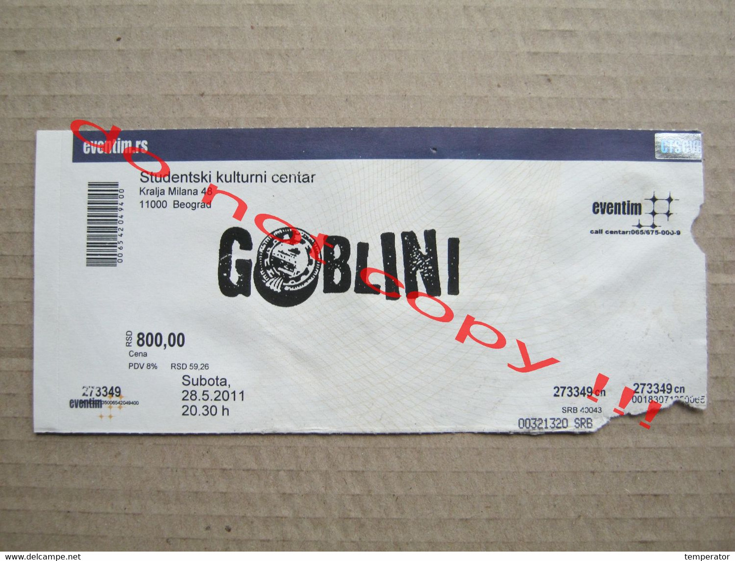 GOBLINI ( 28.5.2011 ) / Concert Ticket - Belgrade SKC - Konzertkarten