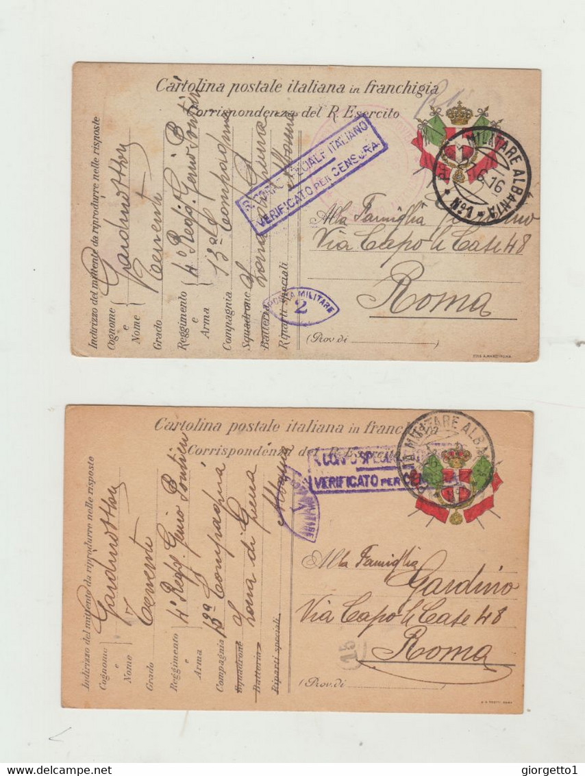 FRANCHIGIA LOTTO DI 2 CARTOLINE POSTA MILITARE ALBANIA N. 1 DEL 1916 CENSURA E ANNULLO R.CORPO SPECIALE ITALIANO - - Franchise