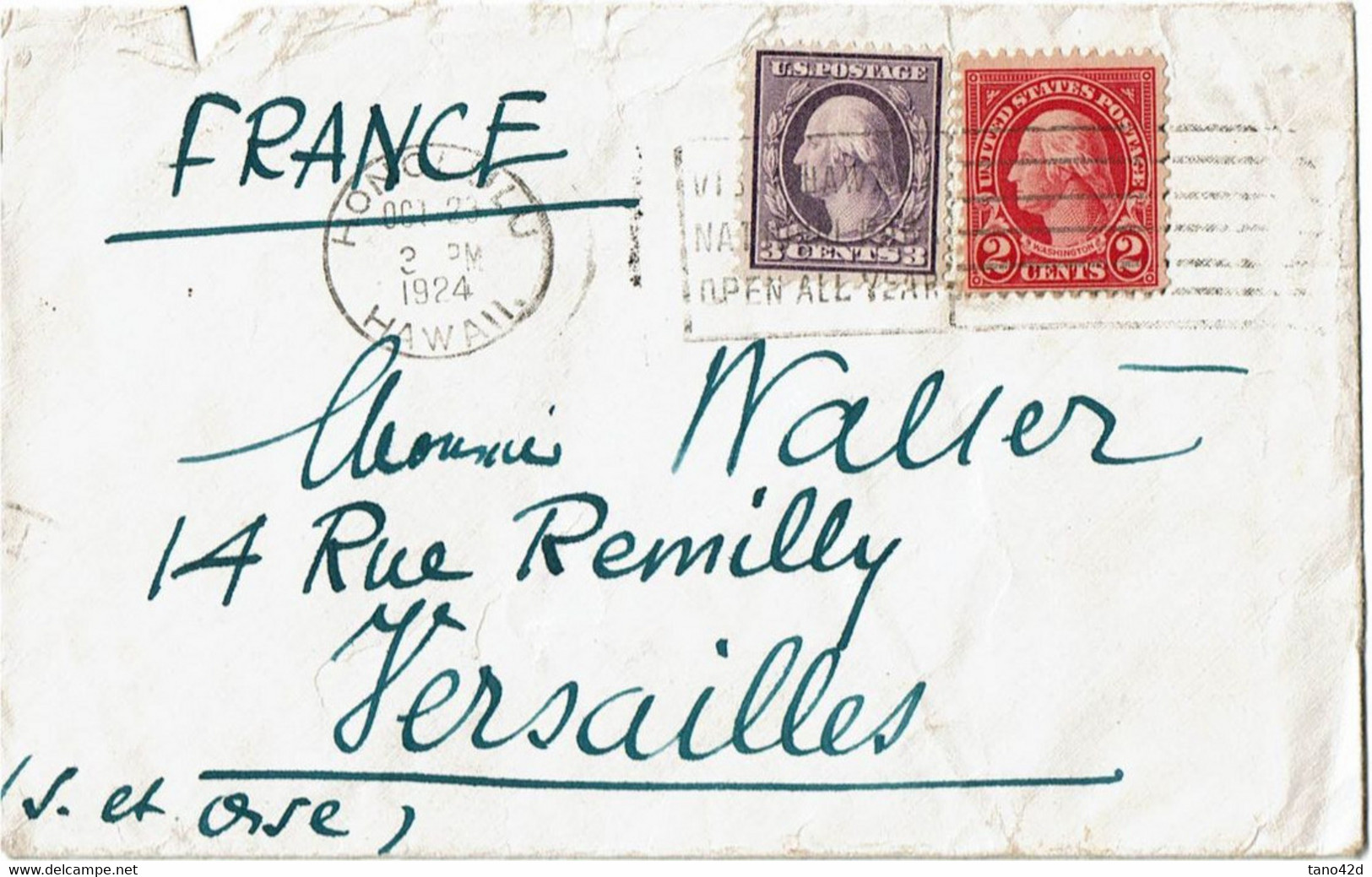 LCTN 67ETR- ETATS UNIS LETTRE HONOLULU / VERSAILLES 1924 - Hawaii