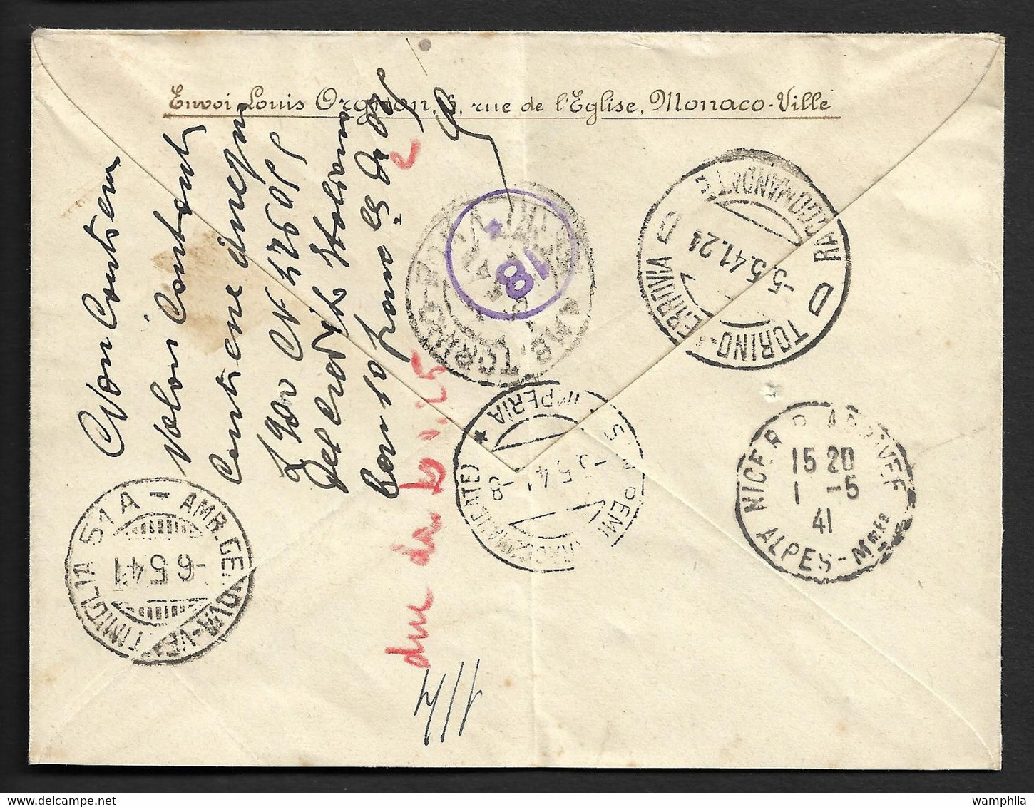 Monaco 1941 N°182 Seul Sur Lettre En Recommandé Contrôle Et Censure Pour L'Italie. - Postmarks