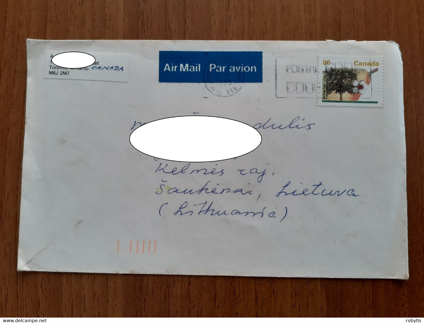 Cover Sent From Canada Toronto To Lithuania Vilnius Kelme 1993 Pear - Brieven En Documenten