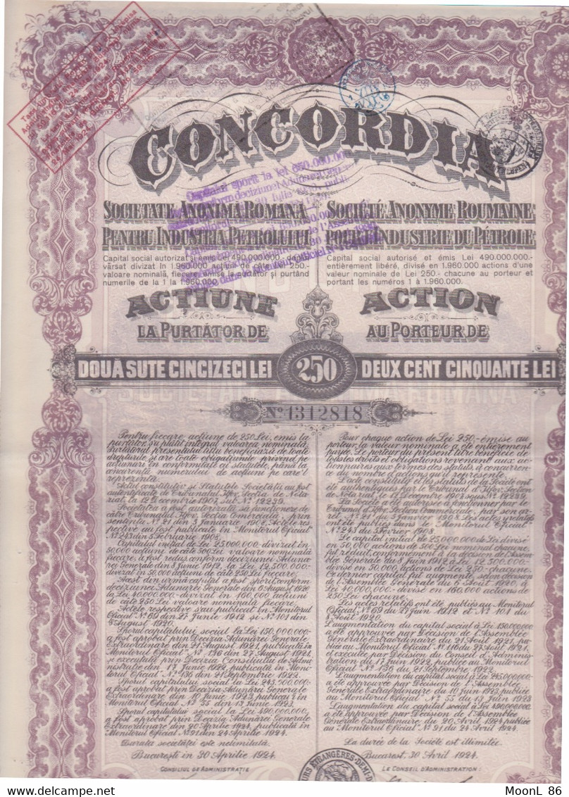 1924 OBLIGATION CONCORDIA . SOCIETE ANONYME ROUMAINE POUR L'INDUSTRIE DU PETROLE - ACTIONS  250 LEI ROMANA - Oil