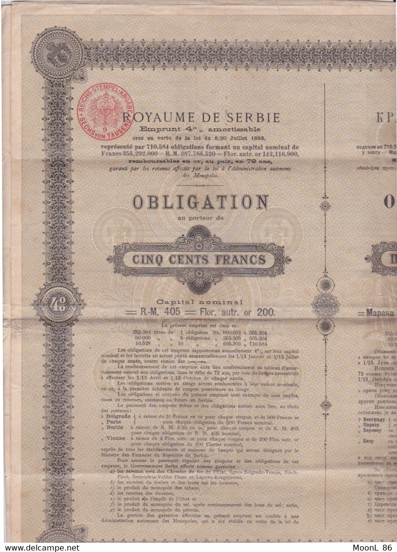 Obligation Ancienne - Royaume De Serbie - Emprunt 4 % Amortissable 1895 - Asien