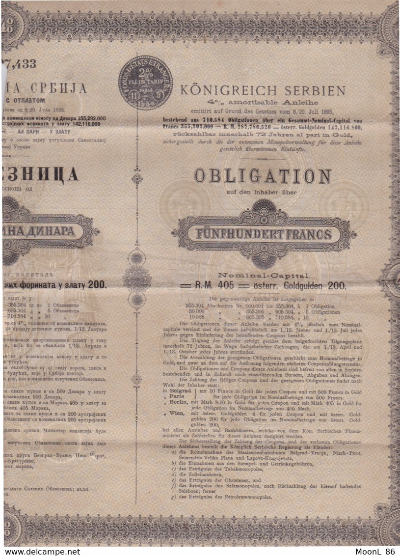 Obligation Ancienne - Royaume De Serbie - Emprunt 4 % Amortissable 1895 - Azië