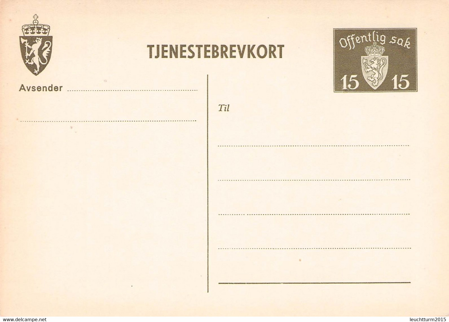 NORWAY - TJENESTEBREVKORT 15 ÖRE Unc  //G177 - Postal Stationery