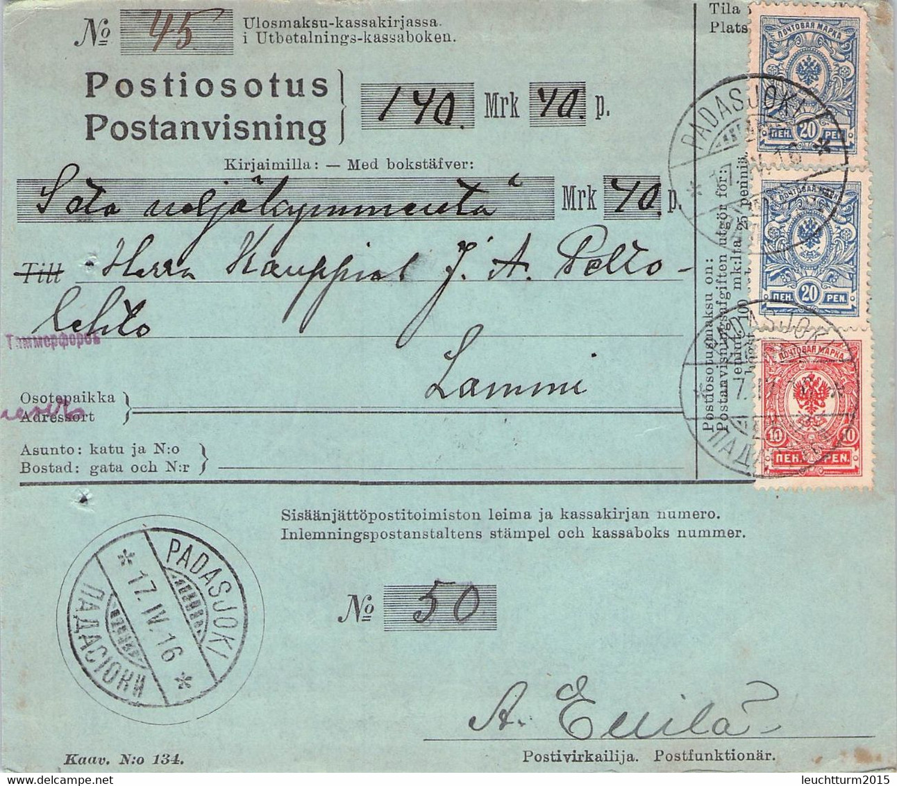FINLAND - POSTIOSOTUS 1916 PADASJOKI > LAMMI  //G184 - Briefe U. Dokumente