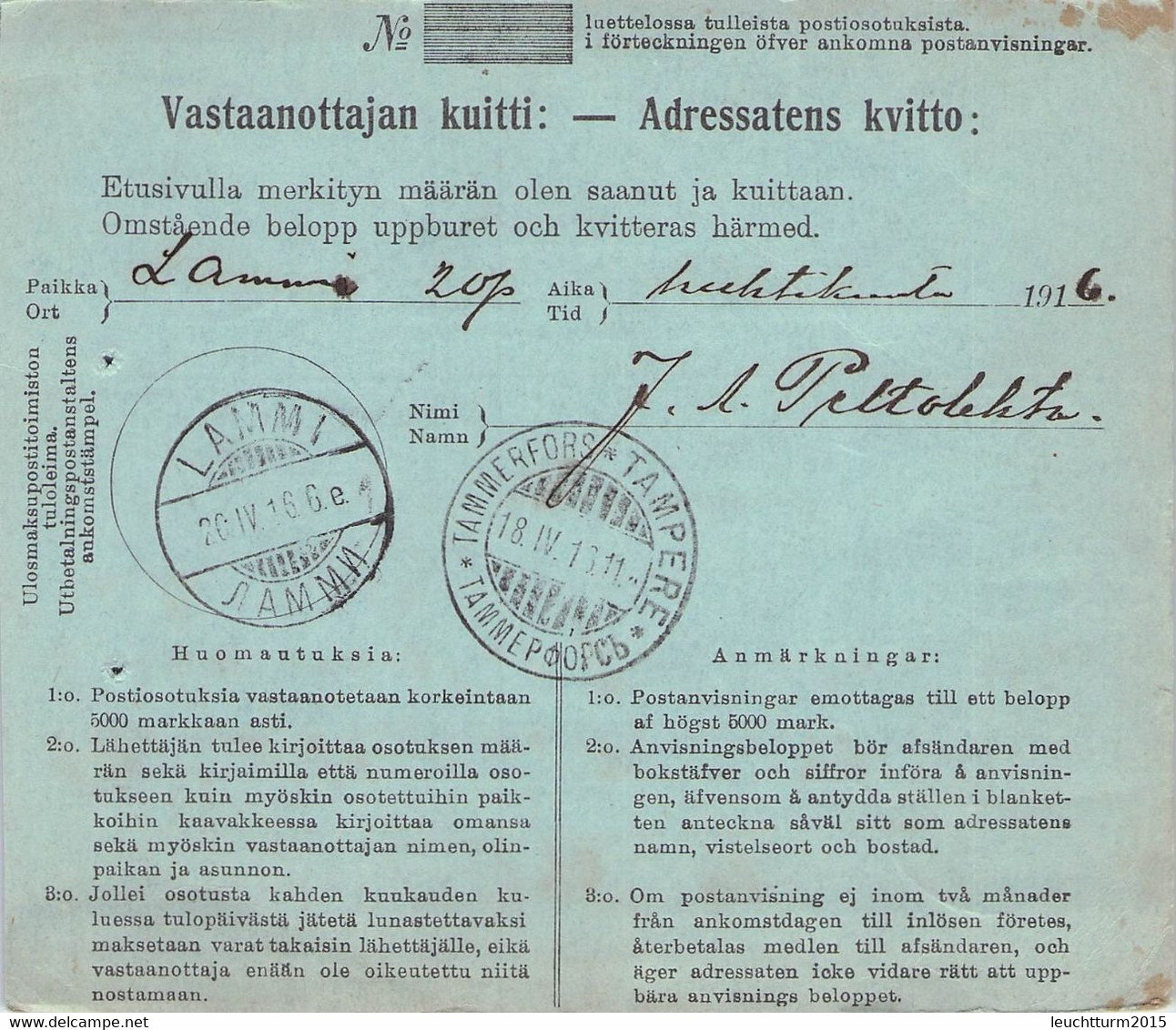 FINLAND - POSTIOSOTUS 1916 PADASJOKI > LAMMI  //G184 - Lettres & Documents