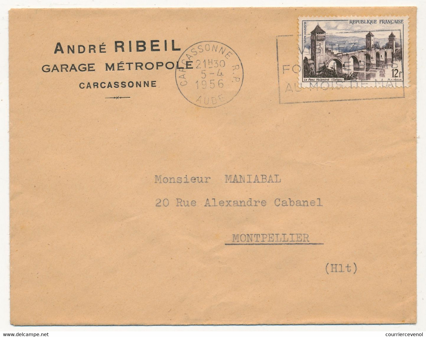 FRANCE - Enveloppe En-tête "André Ribeil - Garage Métropole - CARCASSONNE" OMEC Carcassonne 5/4/1956 S/ 12F Valentré - 1950 - ...
