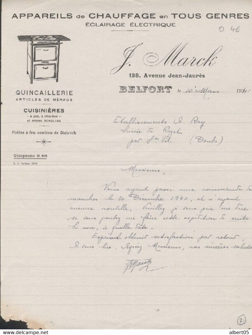 Facture J MARCK - Chauffage - Cuisinières - Quincaillerie - Eclairage électrique - Belfort 1941 - Electricidad & Gas