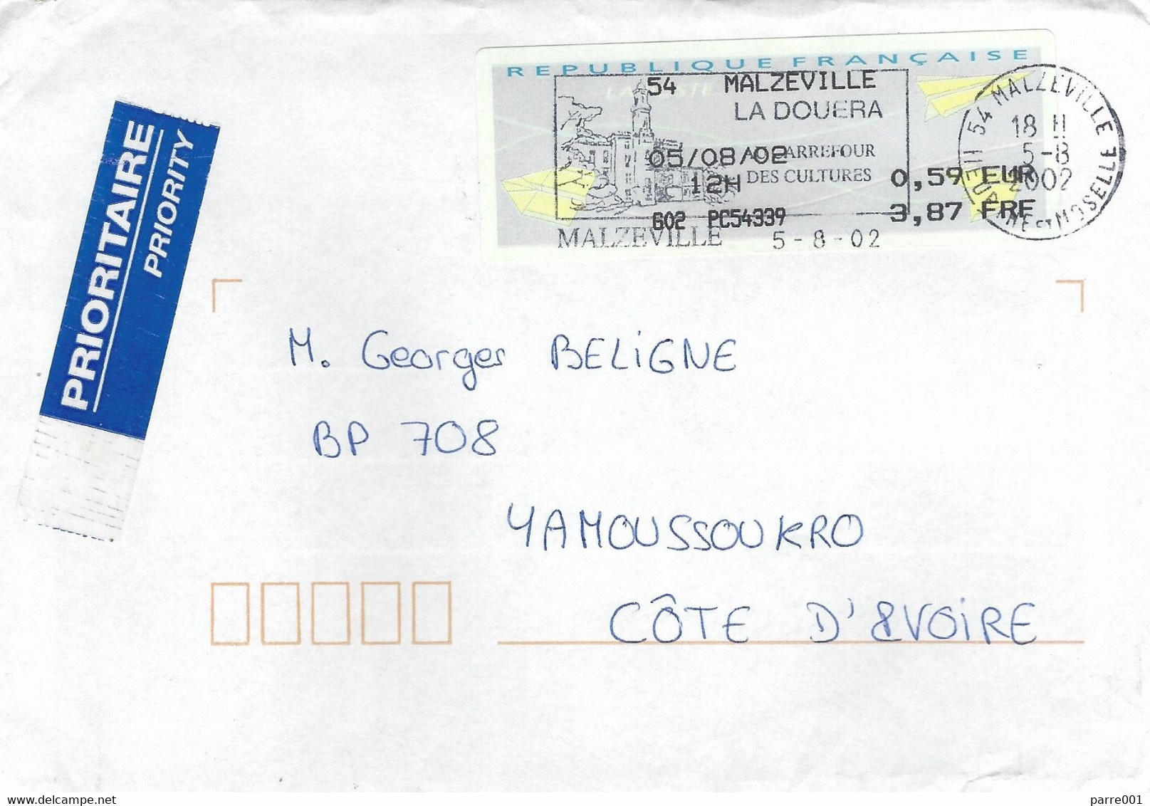 France 2002 Malzeville Carrefour Des Cultures ATM « Avions En Papier » Cover To Cote D'Ivoire - 2000 Type « Avions En Papier »