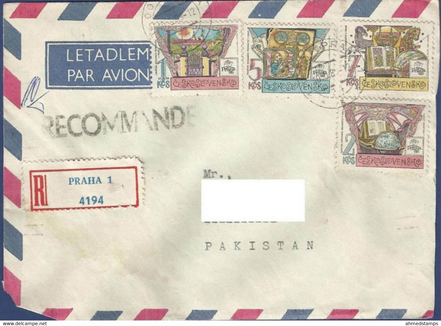CZECHOSLOVAKIA REGISTERED POSTAL USED AIRMAIL COVER TO PAKISTAN - Luftpost