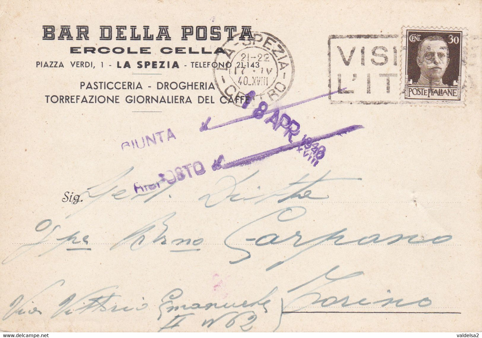 LA SPEZIA - CARTOLINA COMMERCIALE "BAR DELLA POSTA" ERCOLE CELLA - PIAZZA VERDI - PASTICCERIA - TORREFAZIONE CAFFE'-1940 - La Spezia