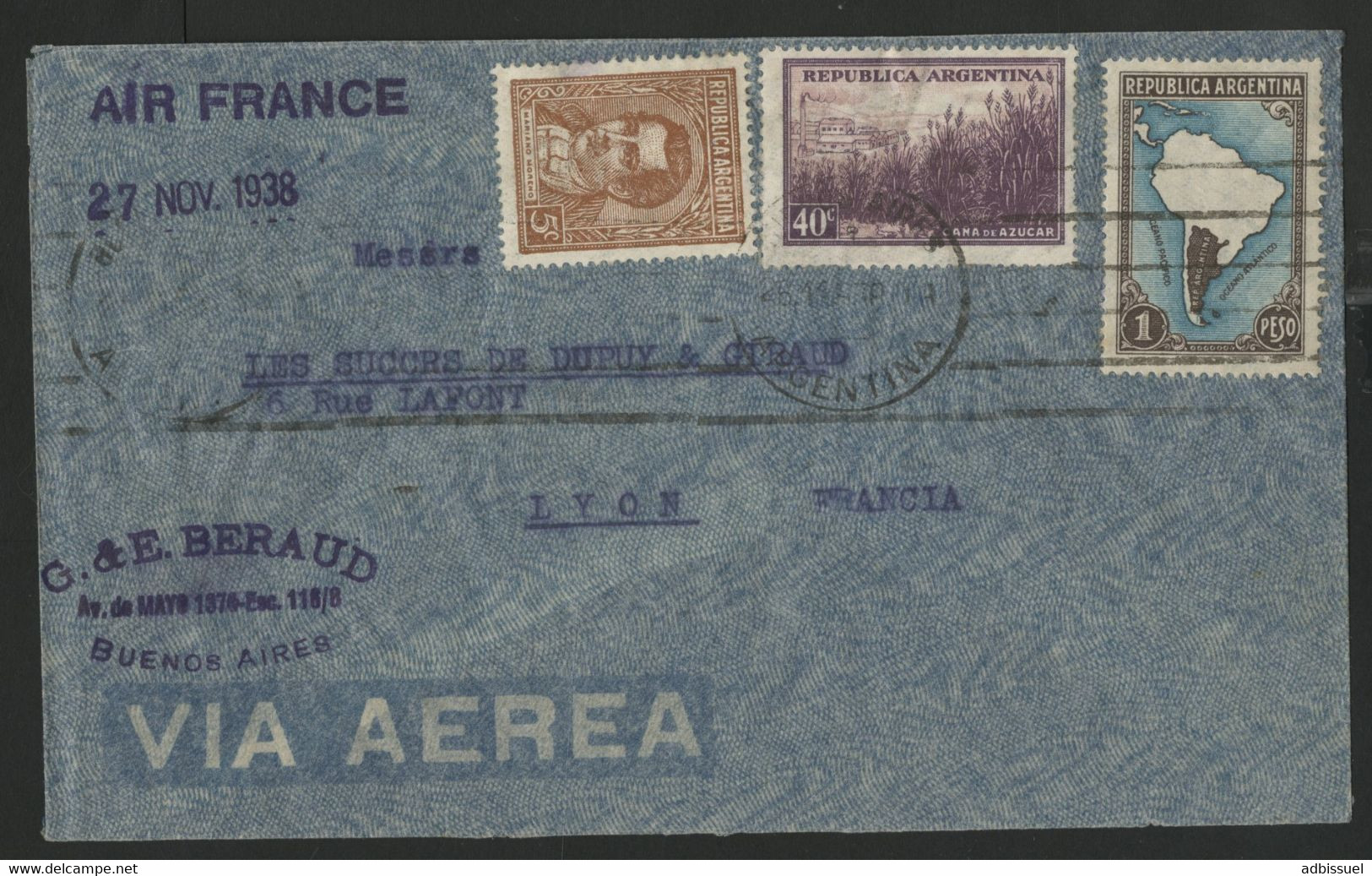 ARGENTINE Pli Par Avion Pour Lyon Via AIR FRANCE En 1938 (voir Description) - Cartas & Documentos