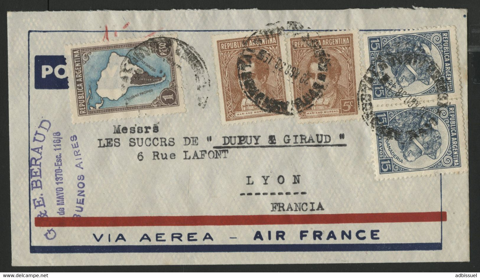 ARGENTINE Pli Par Avion Pour Lyon Via AIR FRANCE En 1938 (voir Description) - Lettres & Documents