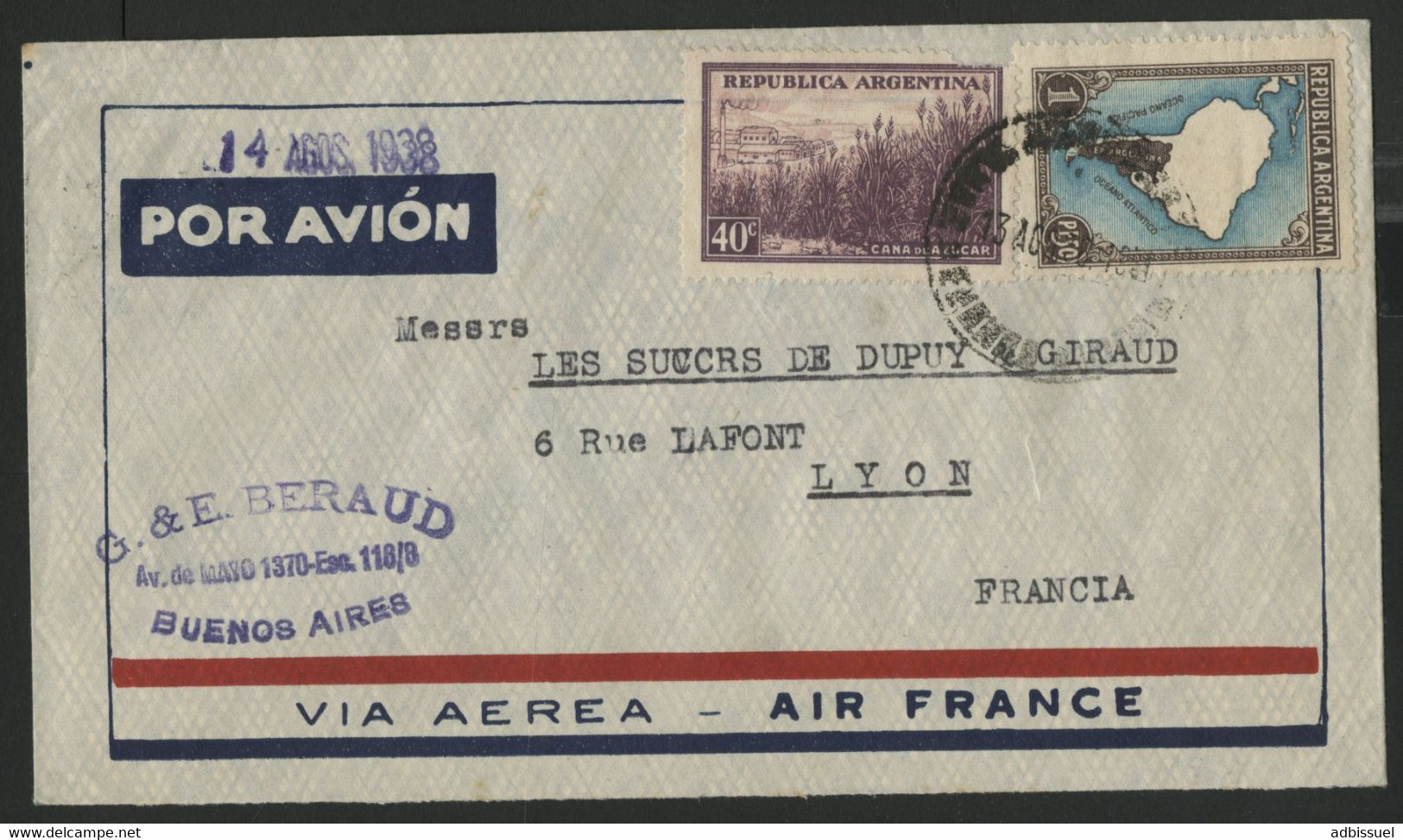 ARGENTINE Pli Par Avion Pour Lyon Via AIR FRANCE En 1938 (voir Description) - Storia Postale