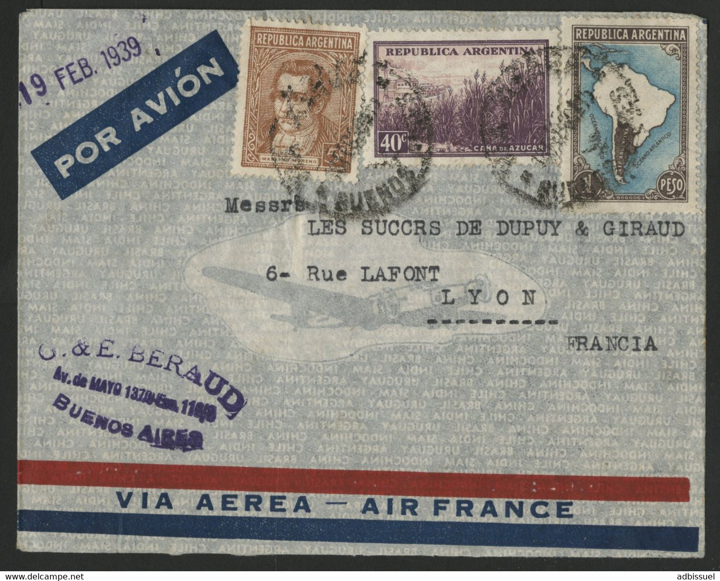 ARGENTINE Pli Par Avion Pour Lyon Via AIR FRANCE En 1939 (voir Description) - Briefe U. Dokumente