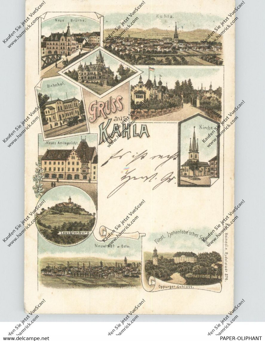 0-6906 KAHLA, Lithographie, Bahnhof, Amtsgericht, Neustadt Orla, Kirche, Neue Brücke... - Kahla