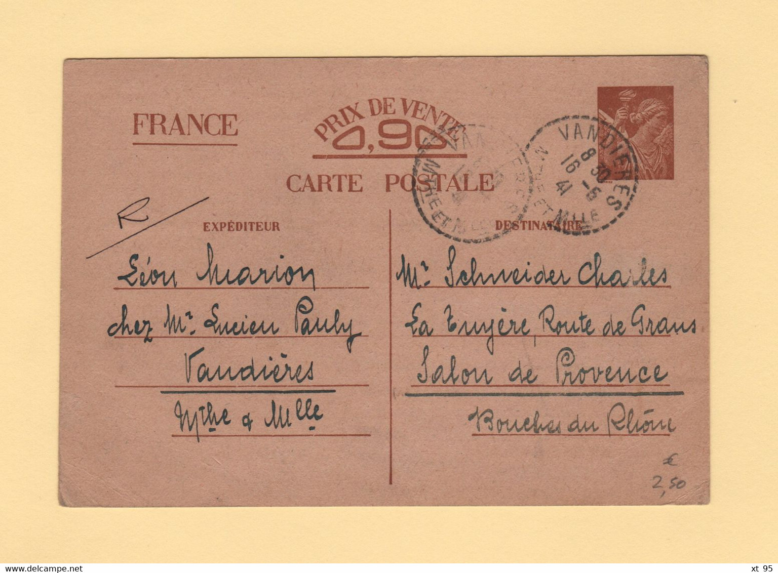 Type Iris - Carte Interzonne - Vandieres - Meurthe Et Moselle - 1941 - 1921-1960: Période Moderne