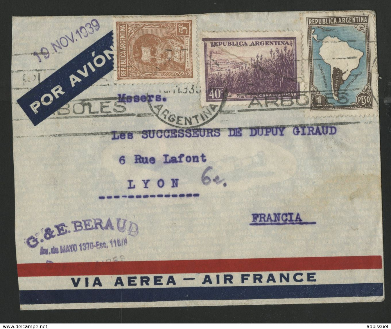 ARGENTINE Pli Par Avion Pour Lyon Via AIR FRANCE En 1939 (voir Description) - Storia Postale