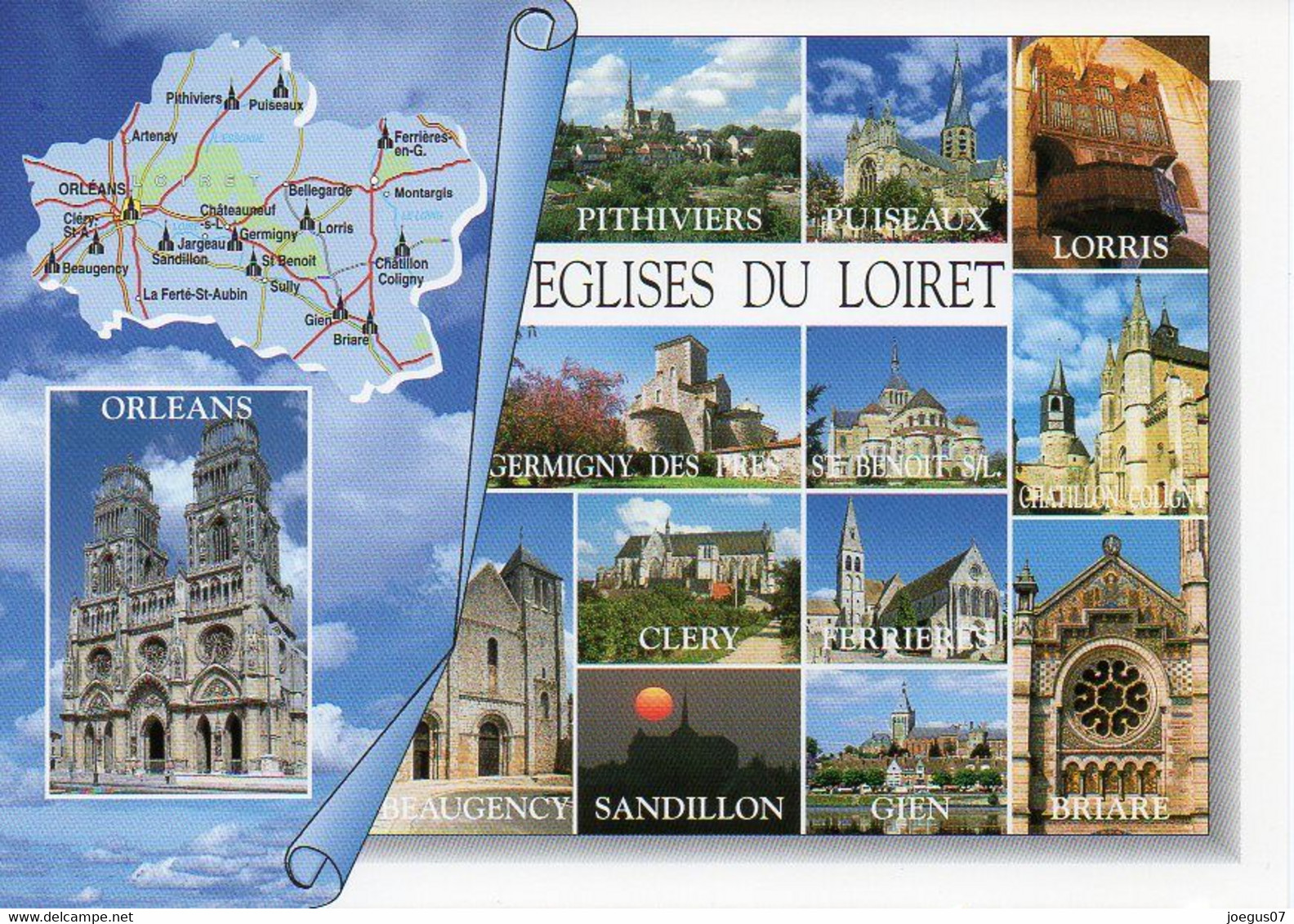 CPM Géographique - 45 EGLISES DU LOIRET. Briare, Orléans, Pithiviers, Lorris, Sandillon, Cléry, Multi Vues - TBE - Cartes Géographiques