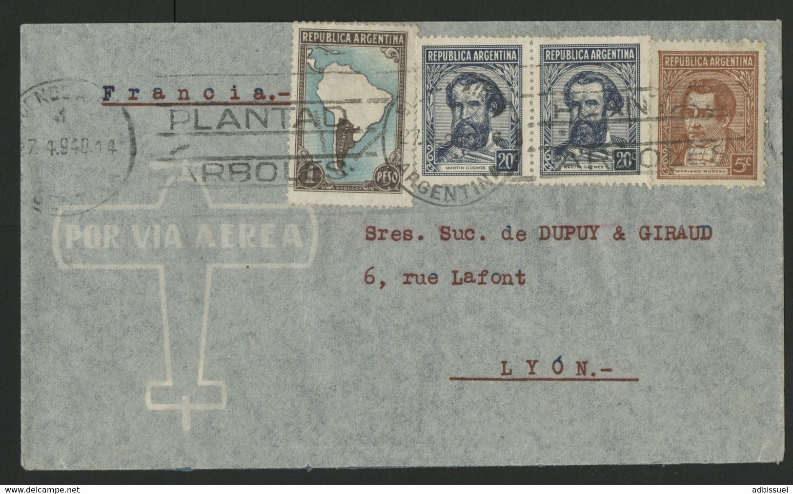 ARGENTINE Pli Par Avion Pour Lyon Via AIR FRANCE En 1940 (voir Description) - Used Stamps