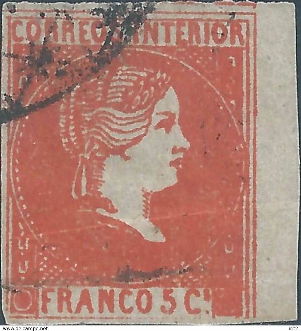 Philippines-Philippinen,Spanish Colony 1861 Queen Isabella II-Larger"CORREOS INTERIOR" 5Cs Brick Red,Used,Singed - Philippinen