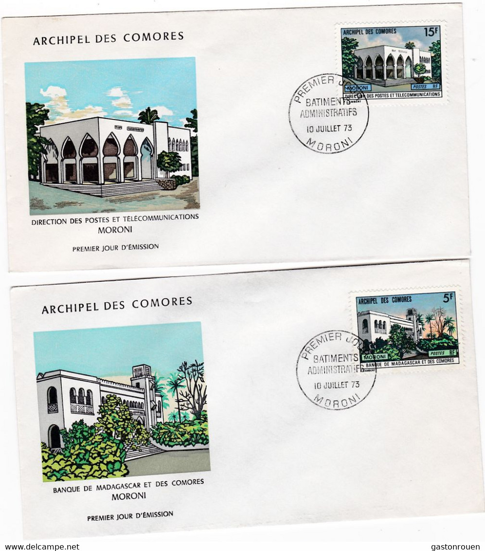 Comores FDC Premier Jour 1973 84 + 85 Bâtiments Administratifs 2 Env - Cartas & Documentos