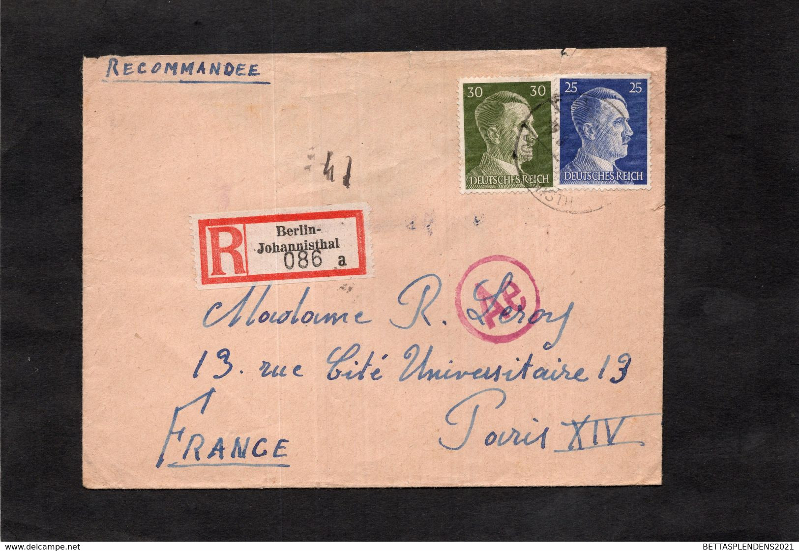 LSC Pour Paris - Recommandé BERLIN  JOHANNISTHAL & Griffe Censure Ae - Timbres Hitler 25p & 30p - Storia Postale