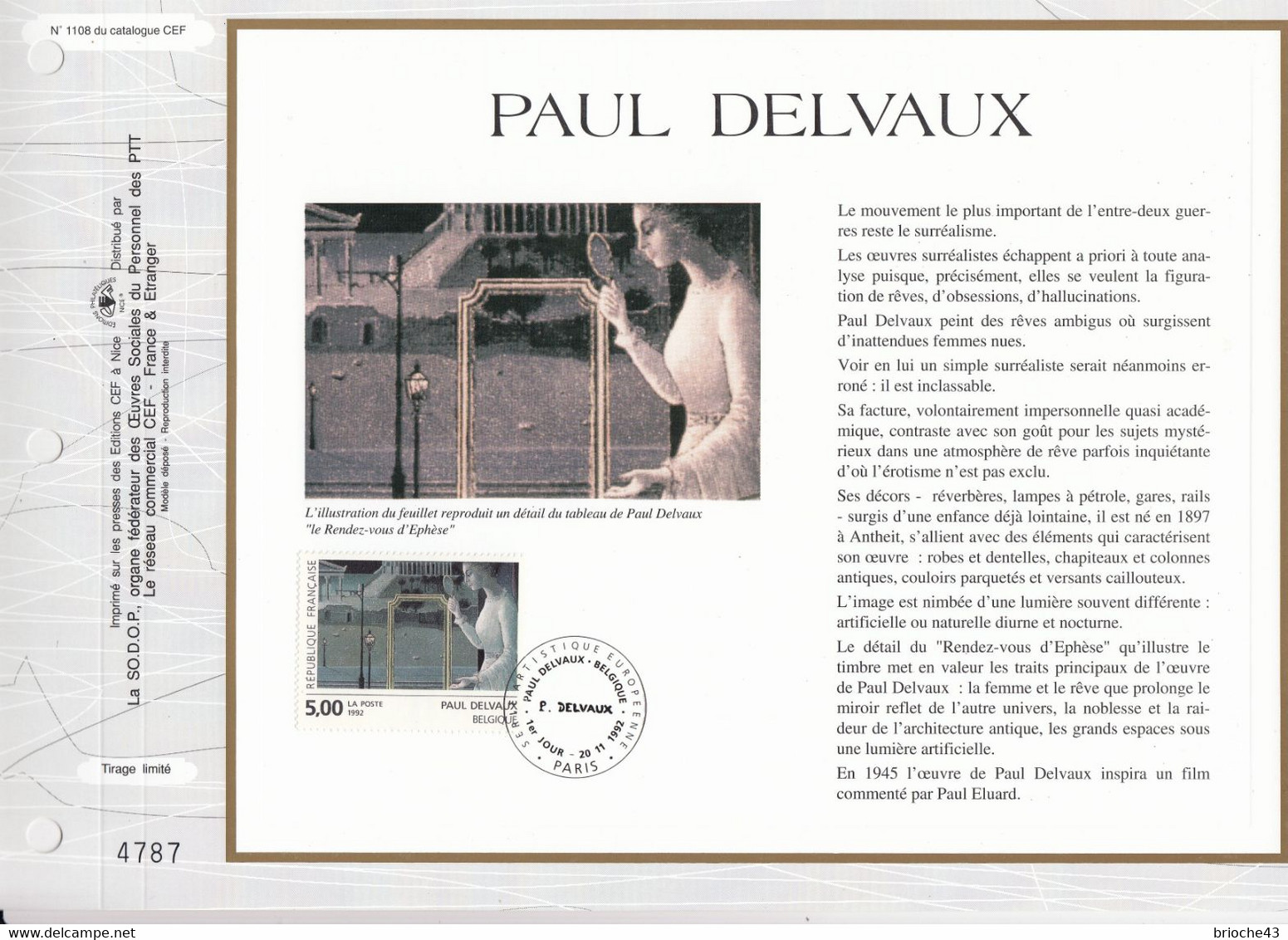 FRANCE 1992- FEUILLET CEF N°1108- PAUL DELVAUX -LE RENDEZ VOUS D'EPHESE- OBLITERATION 1er JOUR 20.11.1992 PARIS Tir 4787 - Autres & Non Classés