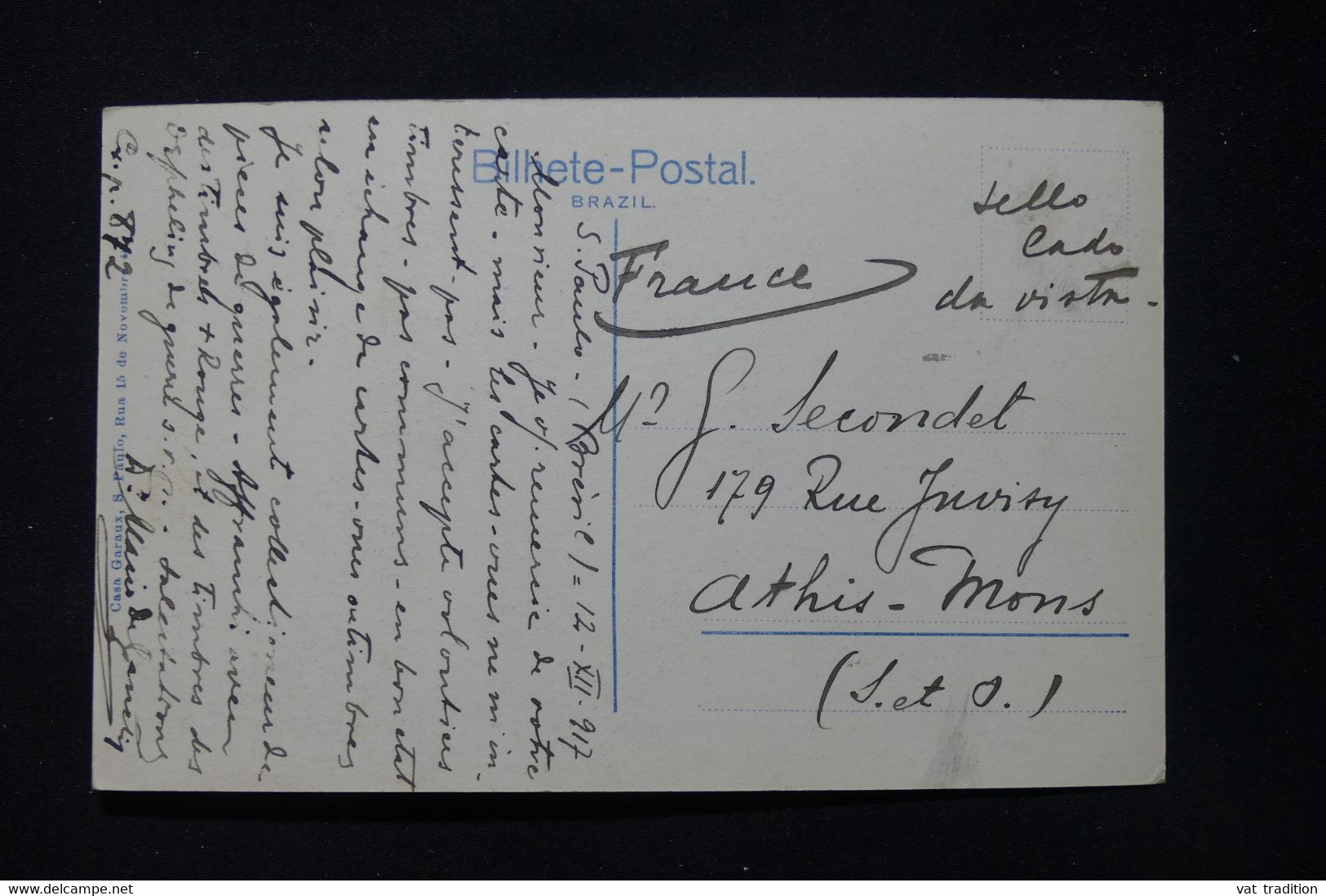 BRÉSIL - Affranchissement De Sao Paulo Sur Carte Postale En 1917 Pour La France - L 87874 - Lettres & Documents